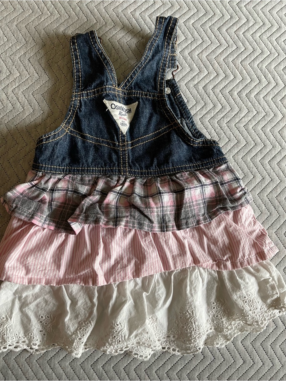 OshKosh B'gosh Denim Overalls with Pink, White & Gray Ruffled Skirt